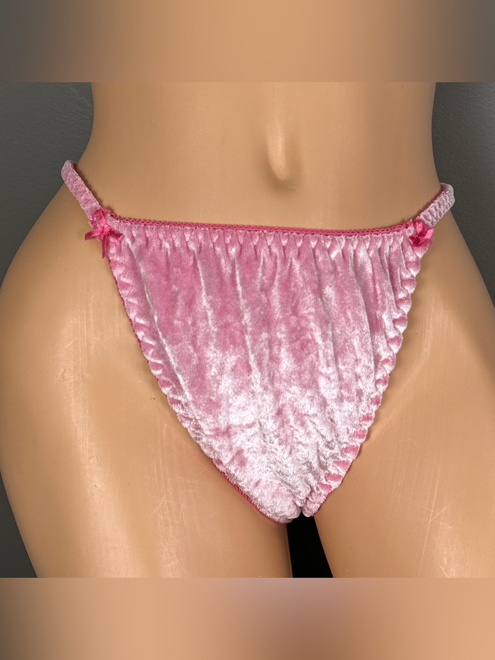 Vintage Pink Crushed Velvet Thong Panties XL 8 String Bikini Satin Bow Lingerie